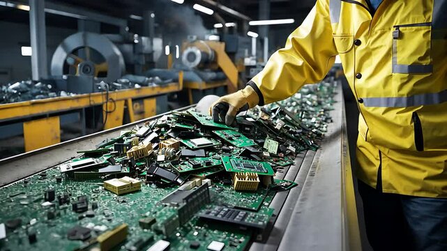 Worker Sorting Electronic Waste on a Conveyor Belt in a Recycling Facility with Circuit Boards and Components

