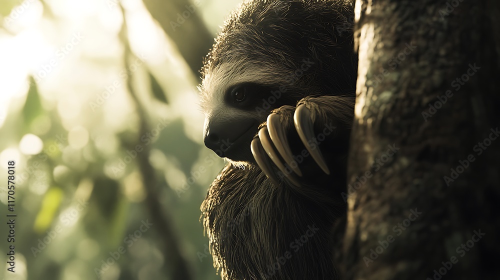 Poster sloth clinging to a tree trunk in sunlight.