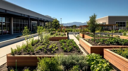 Fototapeta premium Modern community garden with raised beds, various plants, and a mountain view in the background