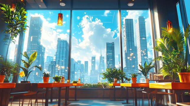 Sunny city view from modern cafe interior.