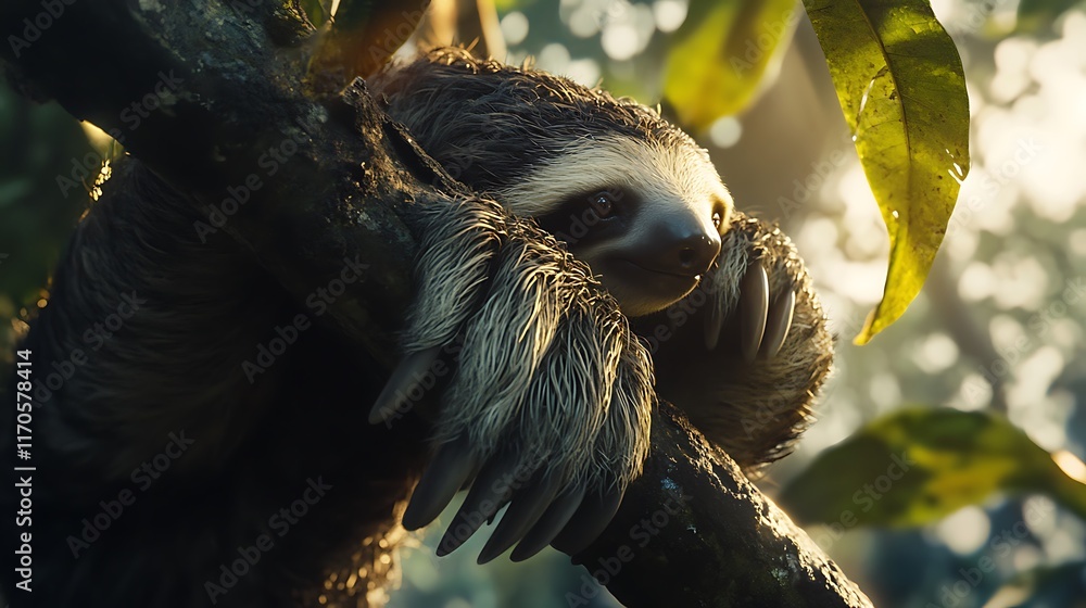 Poster sloth resting on tree branch in sunlight.