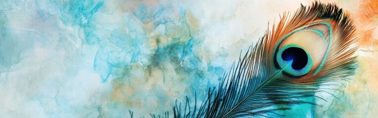 Naklejka premium Close-up of a vibrant peacock feather against a watercolor background featuring soft blues and warm hues