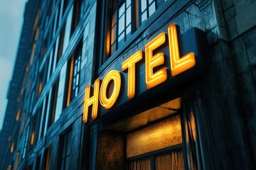 Fototapeta premium Illuminated Parisian hotel sign taken at dusk