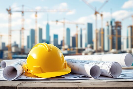Yellow hard hat and rolled blueprints on wooden surface, blurred cranes and skyscrapers in background, concept of construction and urban development. Ai generative
