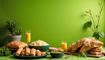Rustic Bread and Pastries with Fresh Herbs and Orange Juice on Vibrant Green Background for Healthy Breakfast Setting