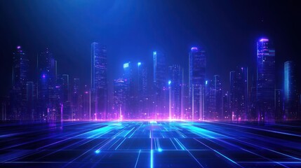 Futuristic city skyline, glowing road, digital speed, night.