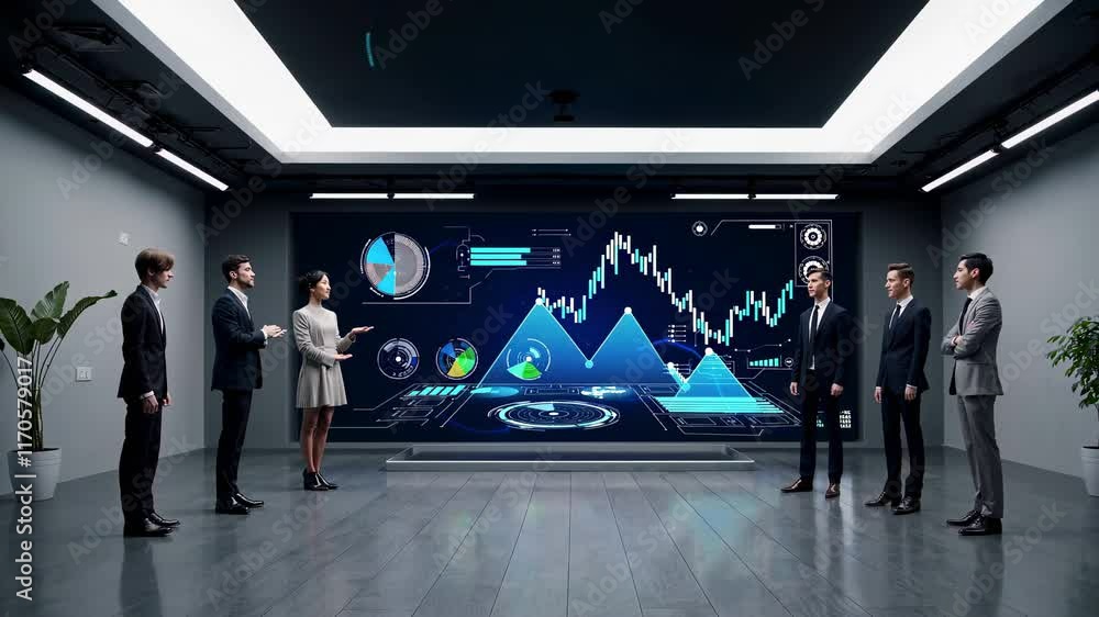 Poster business presentation showcasing advanced data visualization techniques in a futuristic conference r
