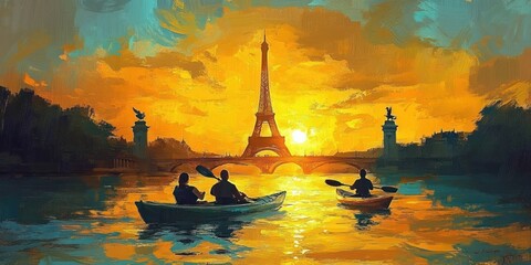 Olympic Games 2025 Paris Kayaking Competition with Eiffel Tower Silhouette
