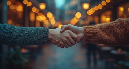 Warm handshake between young woman and colleague in cozy café capturing friendly meeting and positive connection
