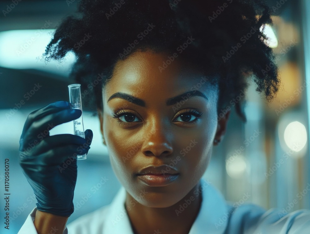 Poster Scientist examines a test tube in a laboratory setting while conducting important research on new substances