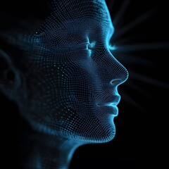 Obraz premium Futuristic glowing wireframe face with digital light beam, symbolizing artificial intelligence, voice recognition, and advanced technology