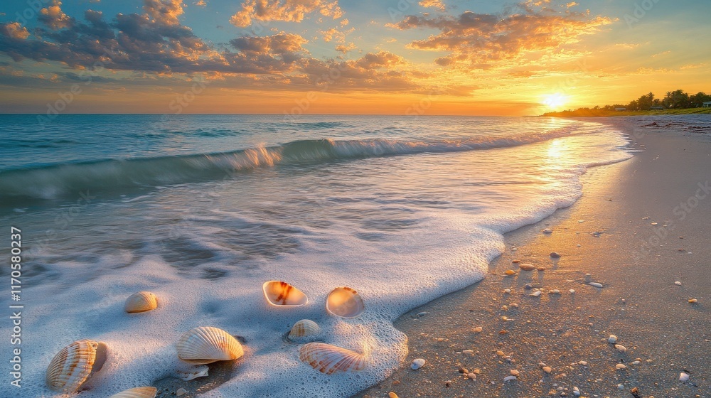 Poster sunrise over a tranquil beach with gentle waves and seashells scattered in the soft sand