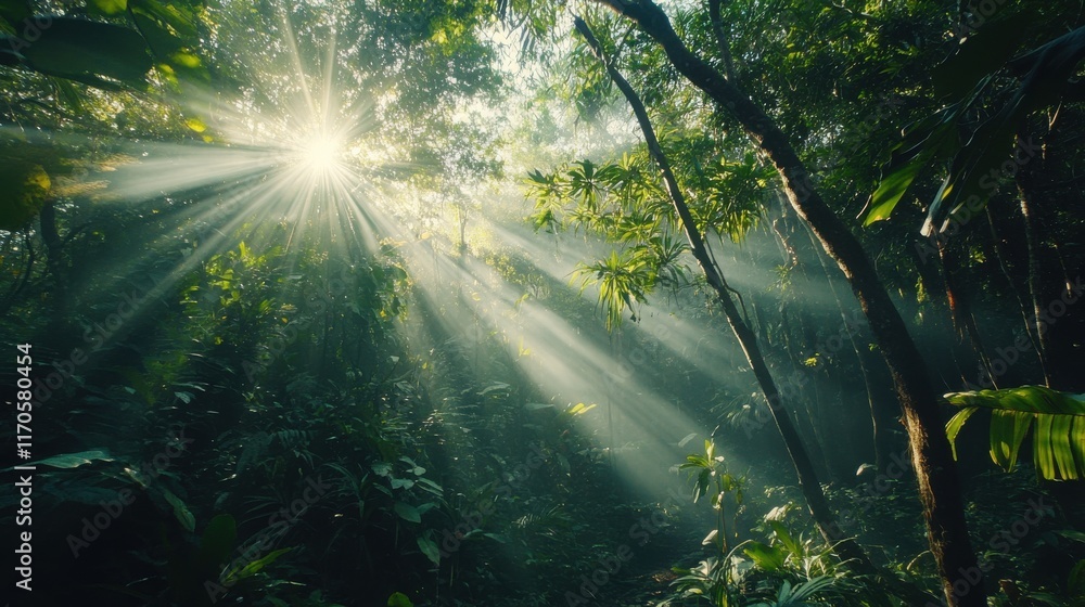Aufkleber sunlight filtering through dense forest foliage creates a serene atmosphere in the heart of nature