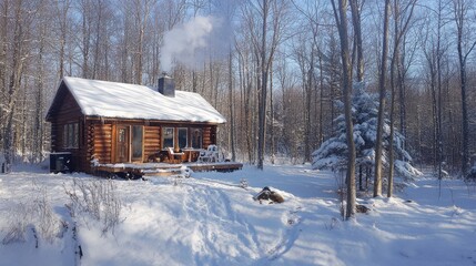 Cozy log cabin in a snowy forest landscape during winter