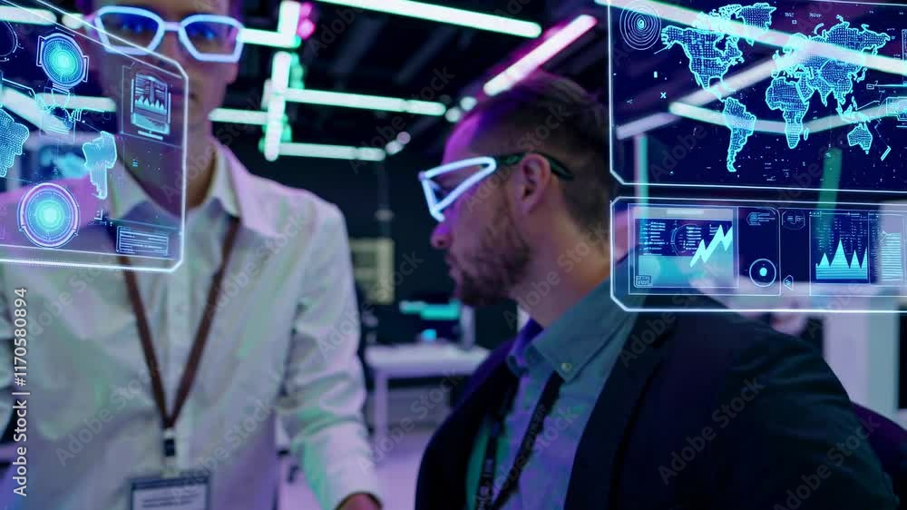 Leinwandbilder innovative technology demonstration in a futuristic lab with interactive displays and virtual maps