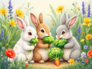 Cute Bunnies Enjoying Fresh Vegetables in a Colorful Garden