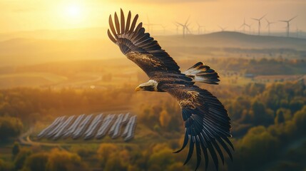 Fototapeta premium Majestic Eagle Soaring Above a Sustainable Landscape at Golden Hour