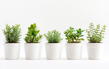 Fototapeta premium Collection of vibrant potted plants arranged in a row on a bright background