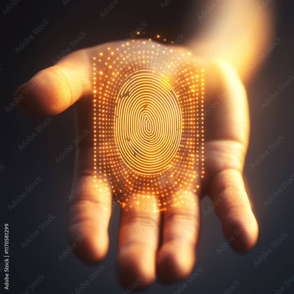 Poster digital fingerprint technology displayed in a futuristic hand presentation symbolizing identity secu
