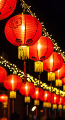 Traditional Chinese red lanterns hanging in rows. Chinese New Year.