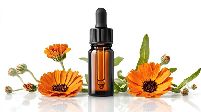Amber bottle of essential oil with calendula flowers.  Use product packaging, natural beauty.