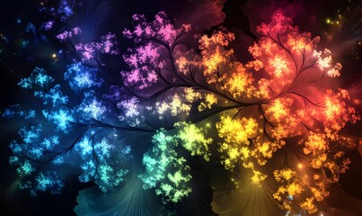 Obraz premium Vibrant fractal tree artwork with colorful glowing branches and leaves against a dark background.