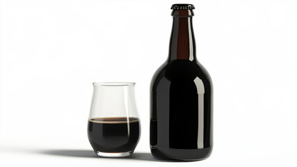 Chiaroscuro Beer Bottle and Glass Isolated on a White Background Showcasing Rich Dark Hues