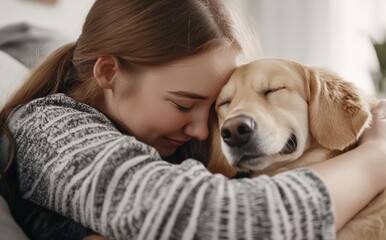 A girl happily hugs her dog, showcasing their bond and affection.