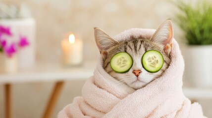 Cat wrapped in a towel with cucumber slices on its eyes.