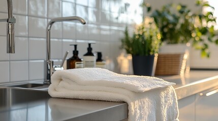 Two White Terry Cloths Hanging on Hooks in a Front European Kitchen Layout with a Stylish Table and Modern Design Elements. Clean, Functional, and Elegant Home Decor for Contemporary Kitchens.