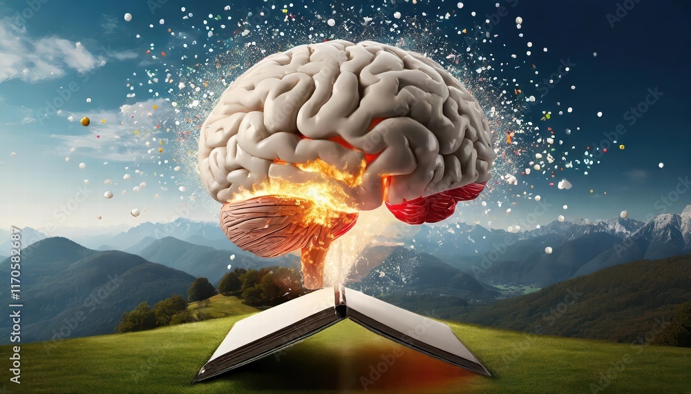 Poster explosive insights a concept art representation of a human brain unleashing a torrent of knowledge a