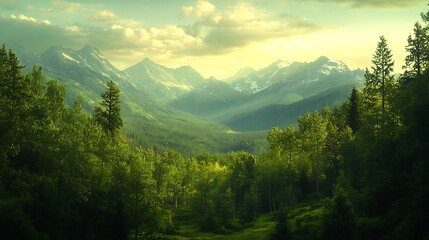 Majestic mountain range viewed from lush green forest at sunset.