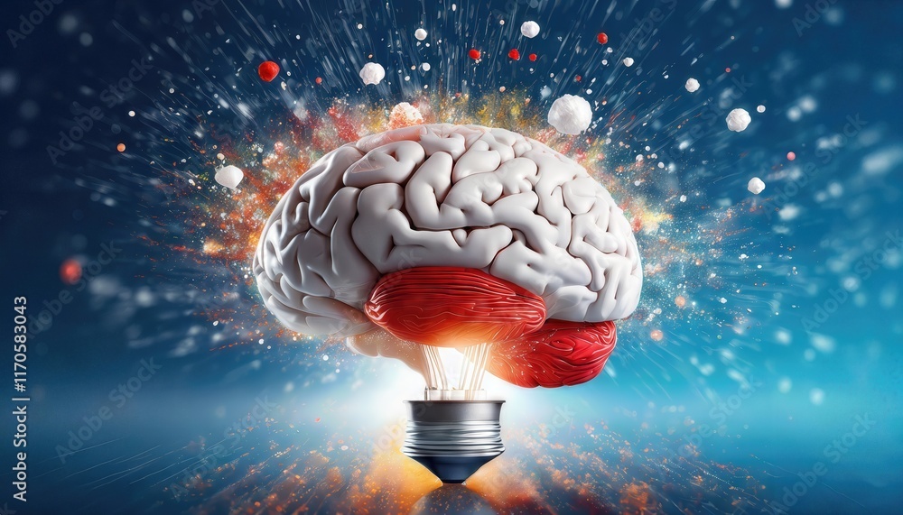 Poster unleashing the mind a concept art visualization of a human brain exploding with knowledge and creati