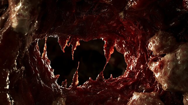 Torn bloody flesh revealing dark hole.