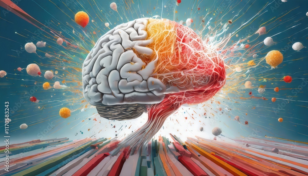 Poster explosive creativity a concept art representation of a human brain bursting with knowledge, imaginat