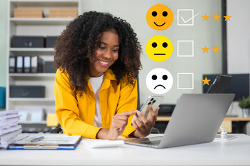 Happy Client customer experience concept. Woman recording phone inquiry with checkboxes, smiling face rating excellent for satisfaction survey.