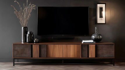 Modern dark wood media console with TV, vases, and decor in a minimalist living room.