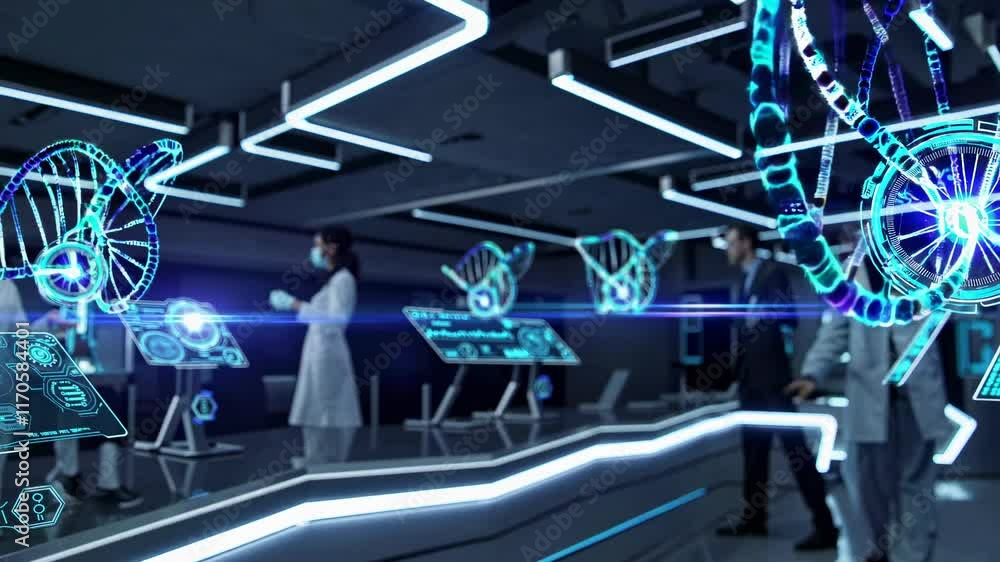 Poster scientists explore advanced genetic research in a futuristic laboratory setting