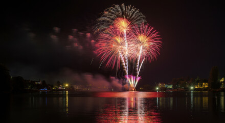 Fototapeta premium Fireworks over Calm Water at Night