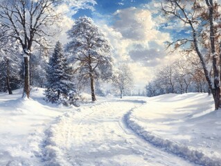 Obraz premium Gentle snowfall meditation serene winter landscape snow-covered trees peaceful retreat tranquil environment nature's calm essence