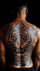 A detailed tattoo of a tiger's face on a person's back, surrounded by floral designs.