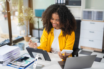 Businesswoman analyzing business enterprise data management, business analytics with charts,...