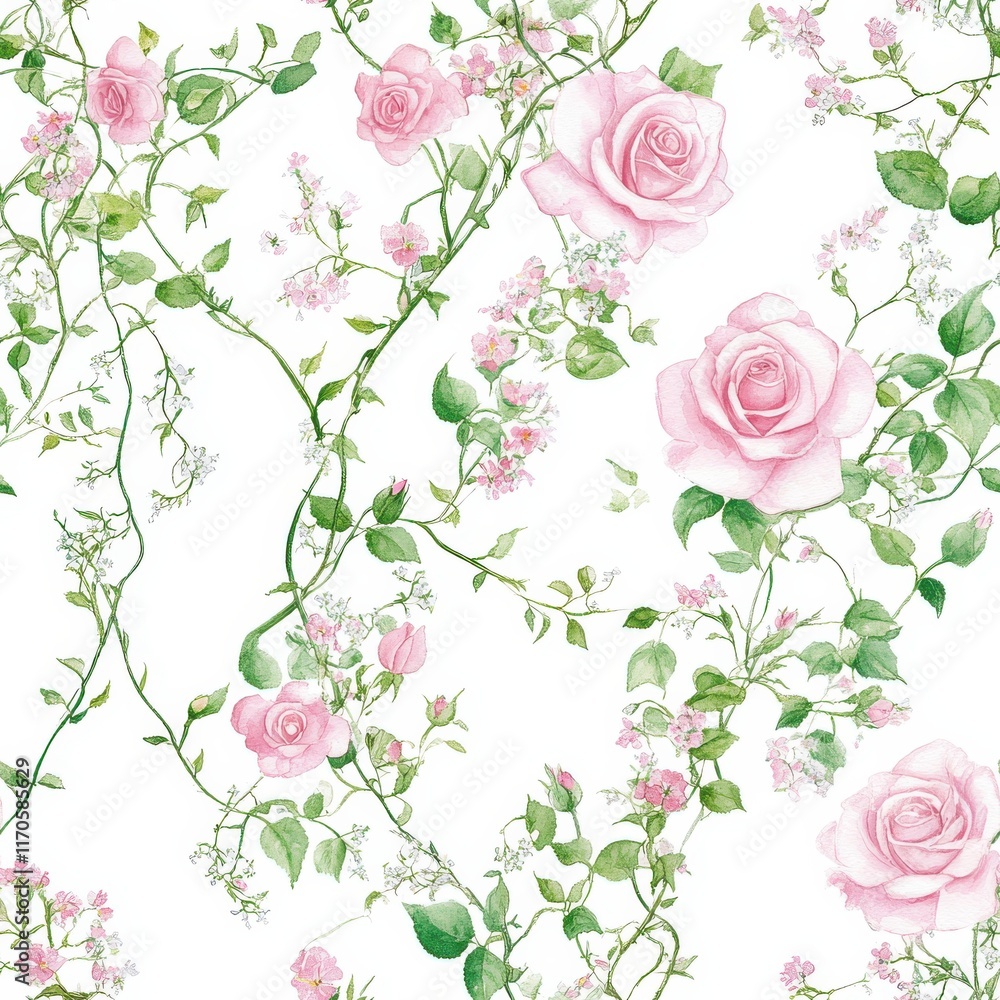 Poster whimsical watercolor doodles of roses and foliage create a charming floral pattern for vibrant proje
