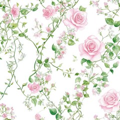 Whimsical watercolor doodles of roses and foliage create a charming floral pattern for vibrant projects