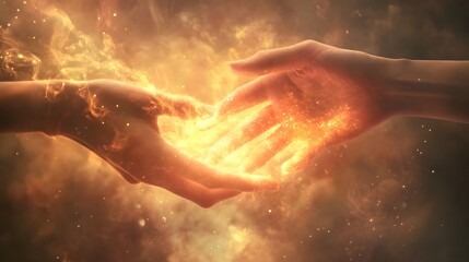 Fototapeta premium Two Hands Clasped Together Embracing Fiery Golden Light