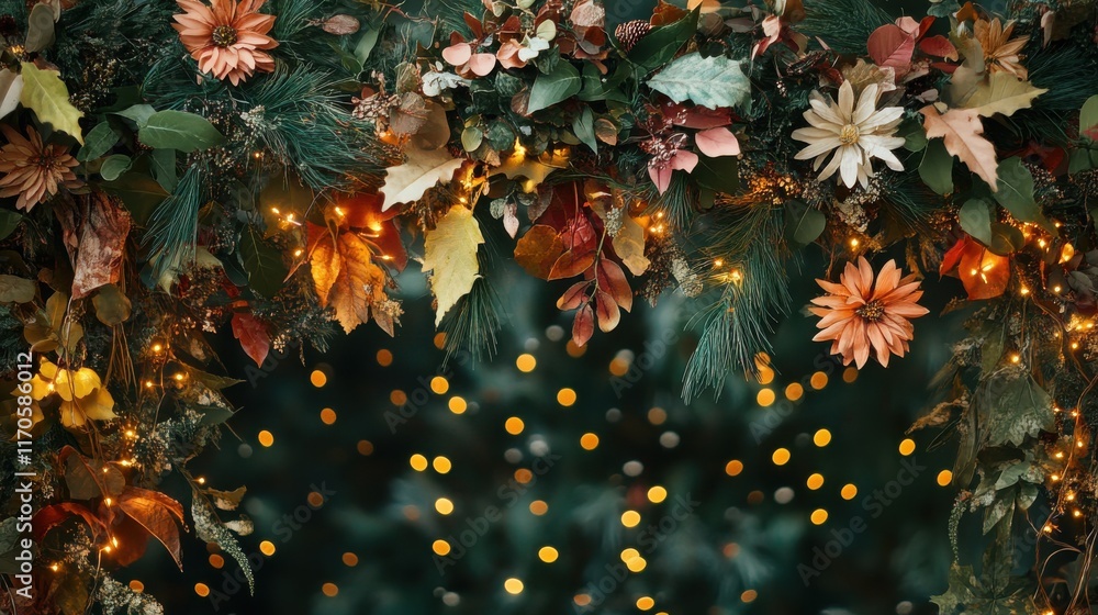 Poster vibrant garlands decorated with lights and foliage creating a festive atmosphere in a warm setting