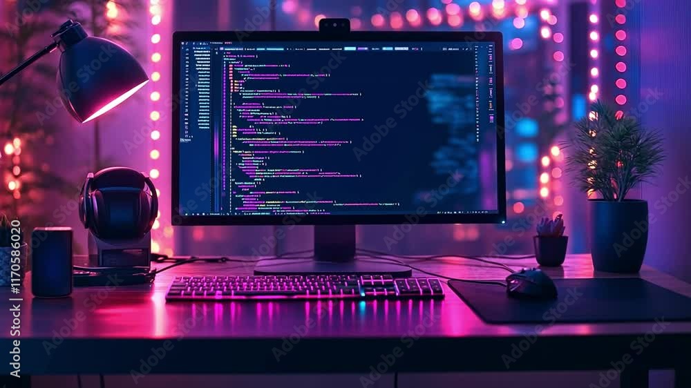 Poster high-tech workspace with colorful lighting showcasing coding activity at night