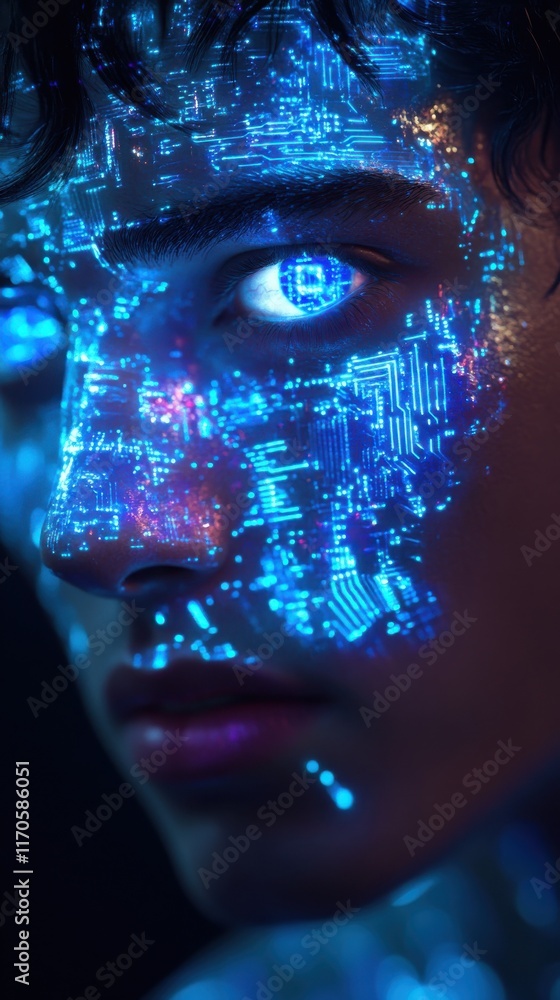 Poster Vibrant portrait of a man's face illuminated with bright digital patterns showcasing futuristic technology at night
