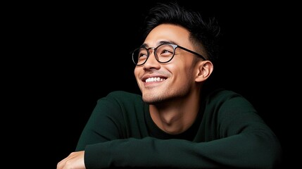 Fototapeta premium Smiling Man in Glasses with Dark Background and Bright Expression