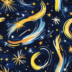 Vibrant doodle cartoon watercolor design with swirling stars and abstract patterns in a night sky background